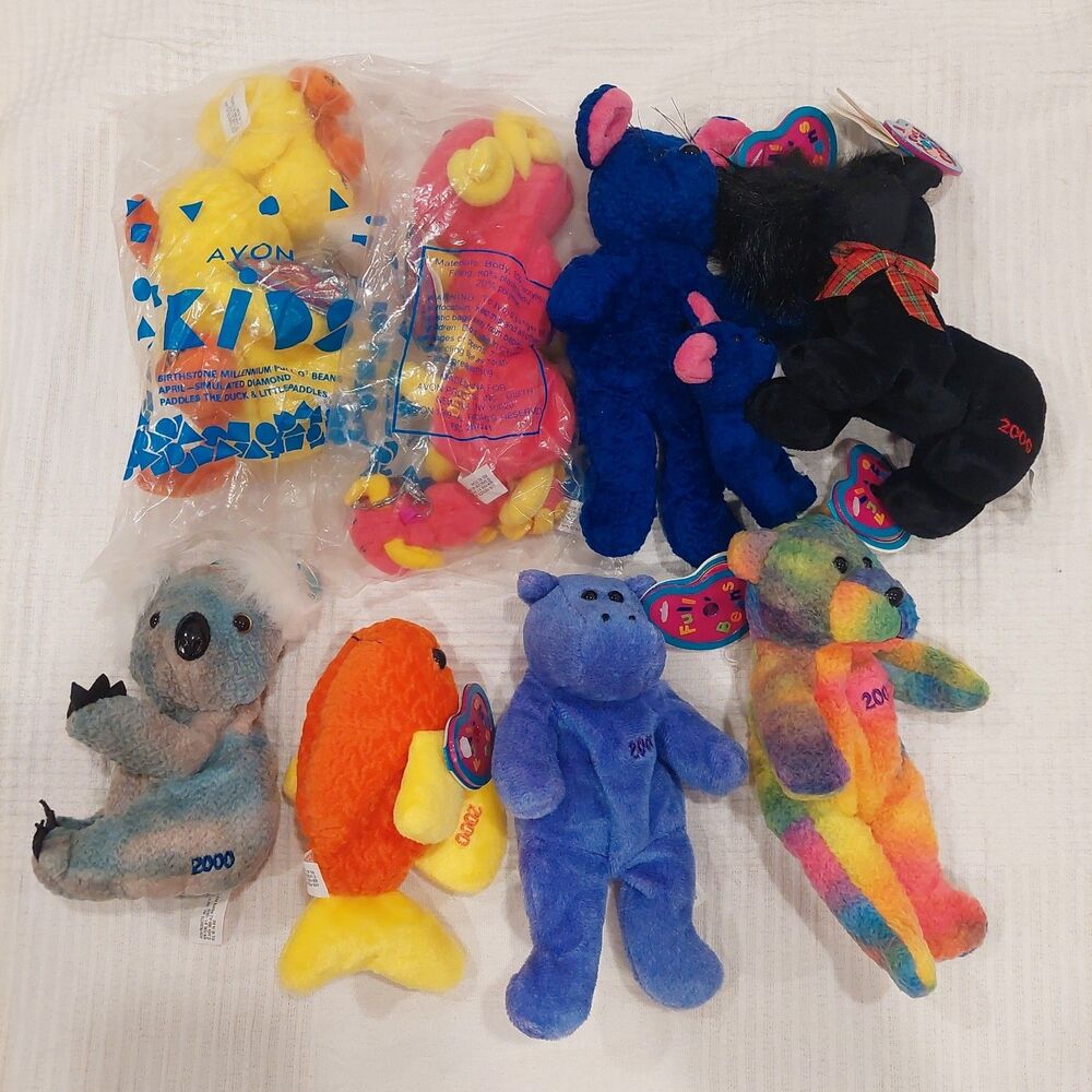 Lot of 8 Assorted Avon Kids Birthday Stone Full O' Beans + 3 Plush Keyrings 2000
